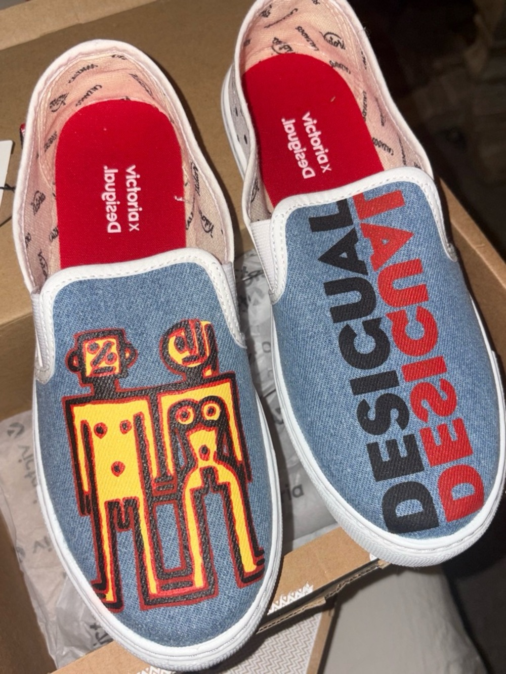 Desigual Denim Slip-On Sneakers with Red and Yellow Accents